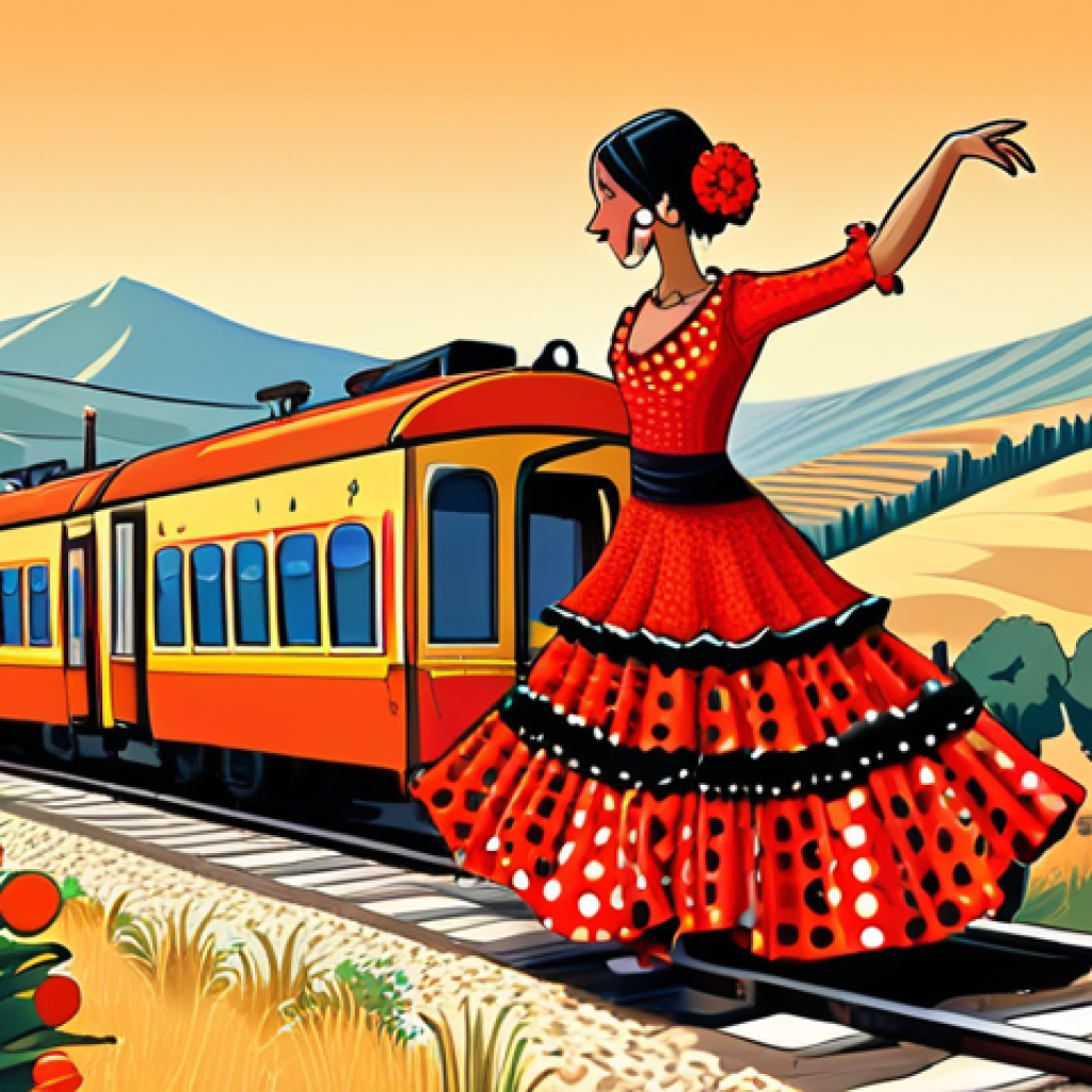 **

A vibrant, cartoon-style train character, inspired by Flamenco dancers, traveling through Andalusia. The train is brightly colored with reds and oranges, adorned with polka dots, and its steam forms the shape of a Flamenco dress. In the background, show rolling hills and olive groves bathed in the warm Spanish sun. The train is playfully interacting with cheering villagers dressed in traditional Andalusian clothing.

**