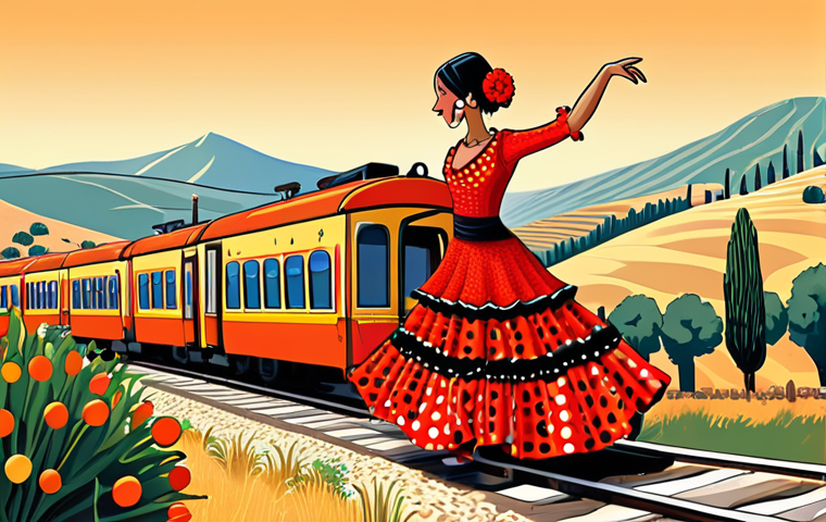 **

A vibrant, cartoon-style train character, inspired by Flamenco dancers, traveling through Andalusia. The train is brightly colored with reds and oranges, adorned with polka dots, and its steam forms the shape of a Flamenco dress. In the background, show rolling hills and olive groves bathed in the warm Spanish sun. The train is playfully interacting with cheering villagers dressed in traditional Andalusian clothing.

**