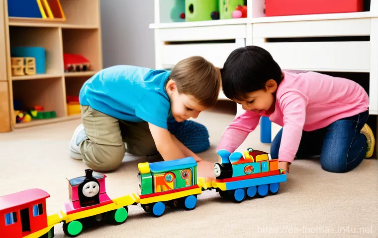 토마스와 친구들 유튜브 채널 - **Prompt: Thomas & Friends Teamwork on Sodor Tracks**
    "A vibrant, high-angle shot of a group of ...
