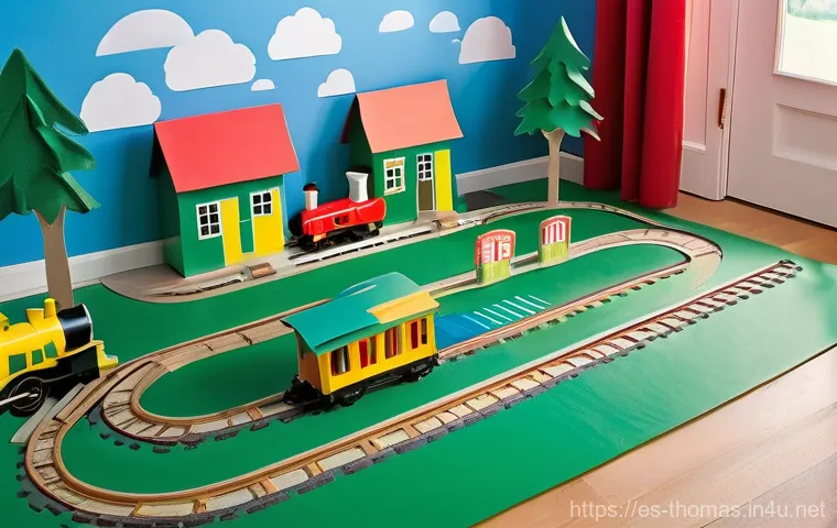 토마스와 친구들 테마 소품 만들기 - **Prompt 1: A Magical Sodor Play Corner**
    A young child, fully dressed in casual play clothes su...