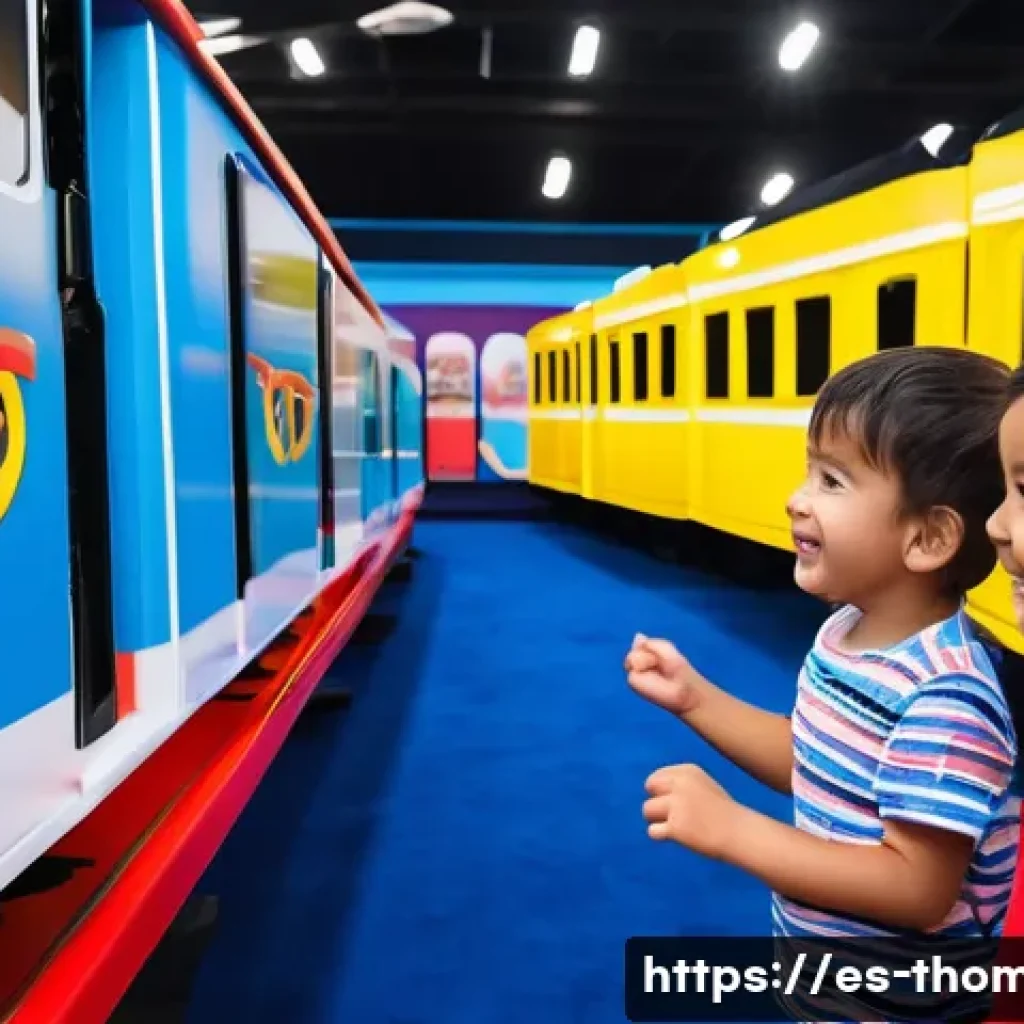 토마스와 친구들 공식 팝업스토어 - A vibrant, wide-angle shot of children aged 4-8 enthusiastically interacting with a simulated train ...