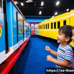 토마스와 친구들 공식 팝업스토어 - A vibrant, wide-angle shot of children aged 4-8 enthusiastically interacting with a simulated train ...