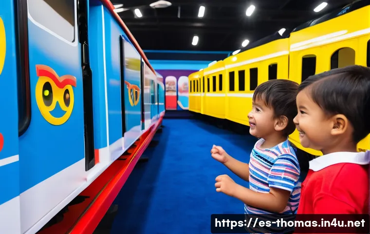 토마스와 친구들 공식 팝업스토어 - A vibrant, wide-angle shot of children aged 4-8 enthusiastically interacting with a simulated train ...