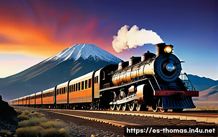 기관차 이름의 숨은 의미 - A powerful, massive locomotive named "Coloso," depicted as a giant steel giant on rugged Argentine t...