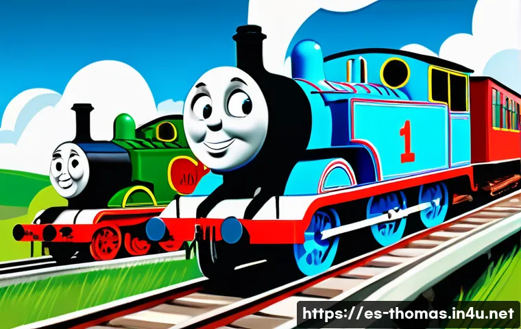 토마스와 친구들 배경화면 다운로드 - A vibrant and colorful digital illustration of Thomas the Tank Engine and his friends on the railway...