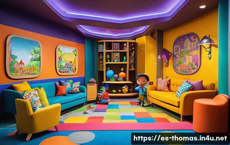 토마스와 친구들 방 탈출 테마 - A vibrant children’s escape room scene set in a colorful, whimsical fantasy world filled with famili...