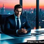 기관차별 악역 등장 에피소드 - A charismatic corporate villain in a sleek, modern office overlooking a bustling cityscape at dusk, ...