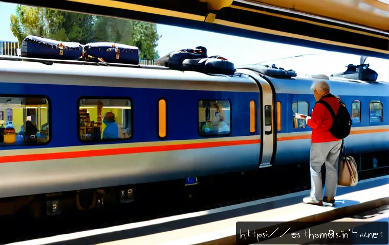 기관차별 관련 상품 할인 정보 - Photorealistic Spanish railway travel shop scene, a modern silver locomotive visible through large s...